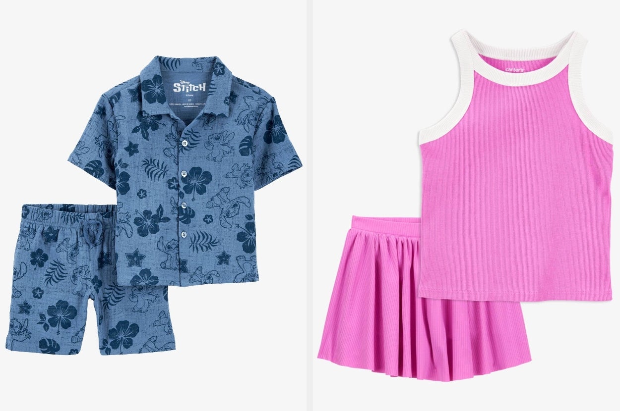 Two kids' outfits: a blue floral short-sleeve shirt with matching shorts, and a pink sleeveless top with a matching pleated skirt
