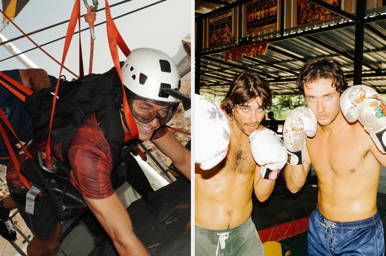 Two people in a tandem hang glider wearing helmets, and two shirtless men with boxing gloves in a gym setting