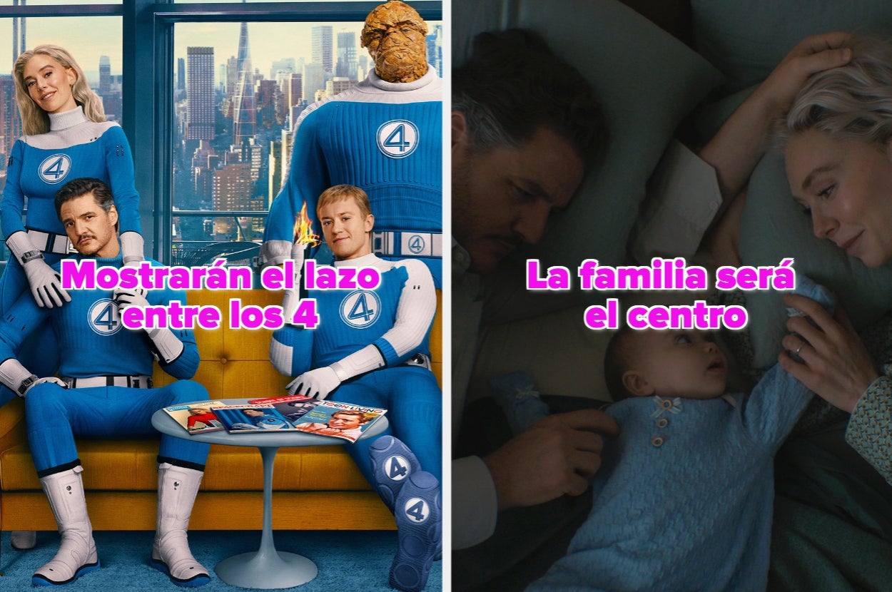 Cuatro personajes disfrazados posan en una sala. Texto: "Mostrarán el lazo entre los 4". En otra imagen, pareja con bebé. Texto: "La familia será el centro"