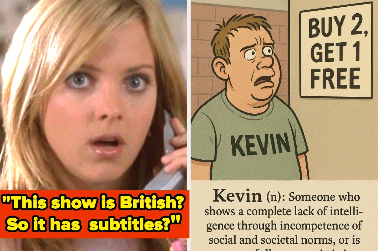 Left: Surprised woman on phone. Right: Cartoon man with "Kevin" shirt, defined as incompetent, near sign "Buy 2, Get 1 Free."