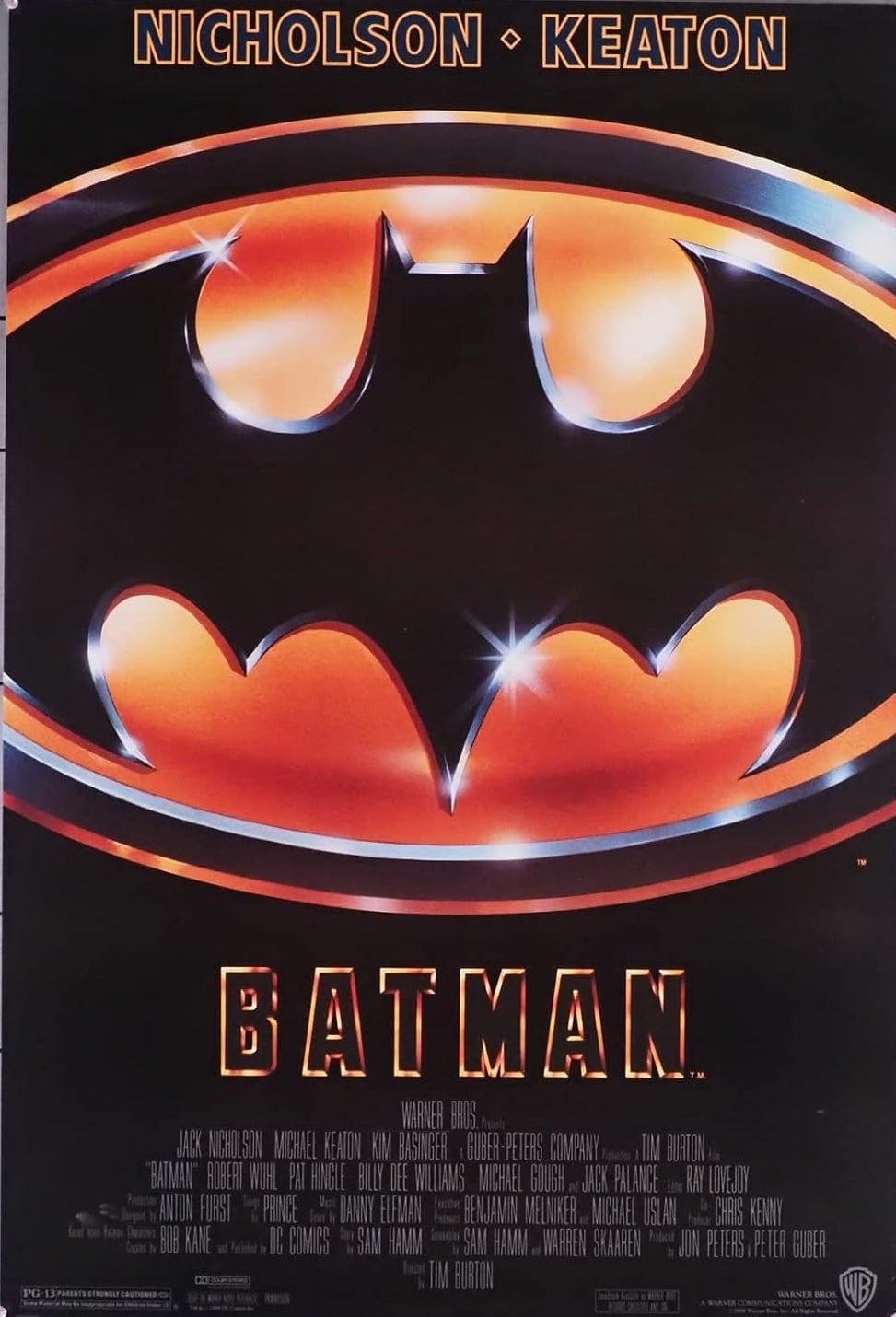 Movie poster for 1989's "Batman" with bat awesome and credits, starring Nicholson and Keaton, directed by Tim Burton
