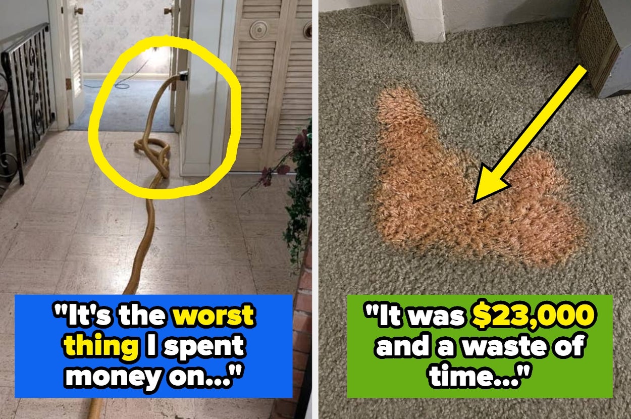 Two images: Left shows a tangled carpet; right shows a stained area on a carpet with text highlighting wasted $23,000 expense and regret