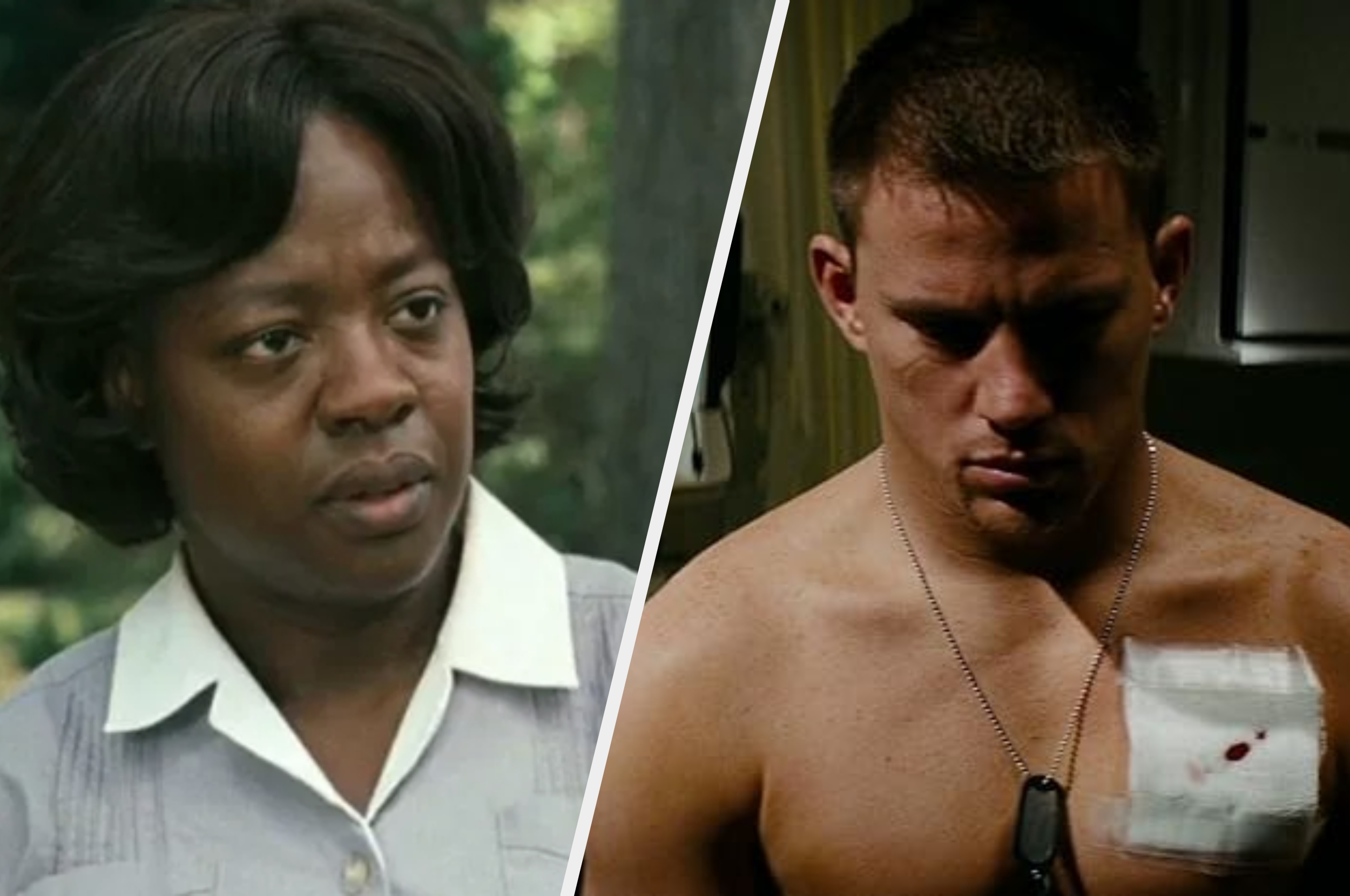 Two film scenes side by side: A woman converses outside; a shirtless man with a wound stands indoors, looking down