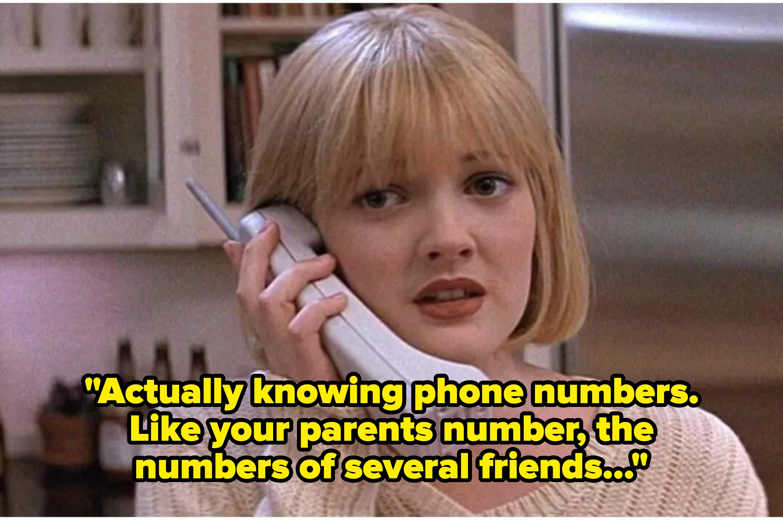 Person on the phone with text overlay discussing the importance of memorizing phone numbers, like those of parents and friends