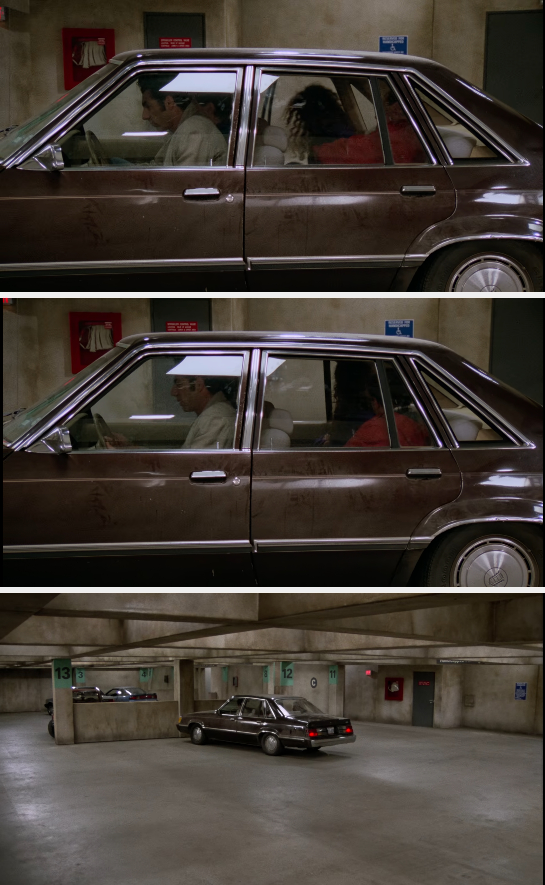 as Kramer fails to start the car, a wideshot reveals it&#x27;s one of the only cars left in the garage