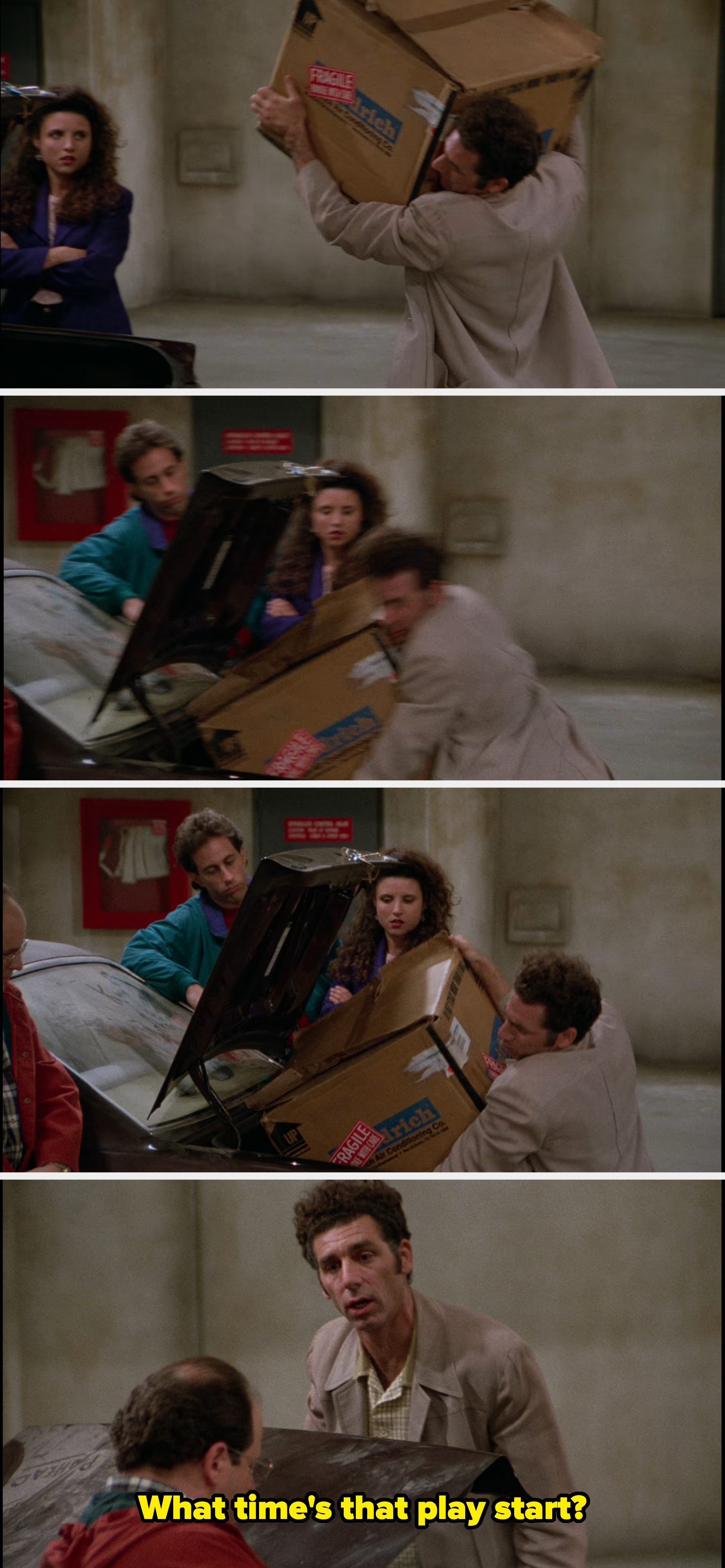 Kramer falls while putting the AC box into the trunk and hits his face against it. Then, standing up like it was nothing, it asks George what time the play starts