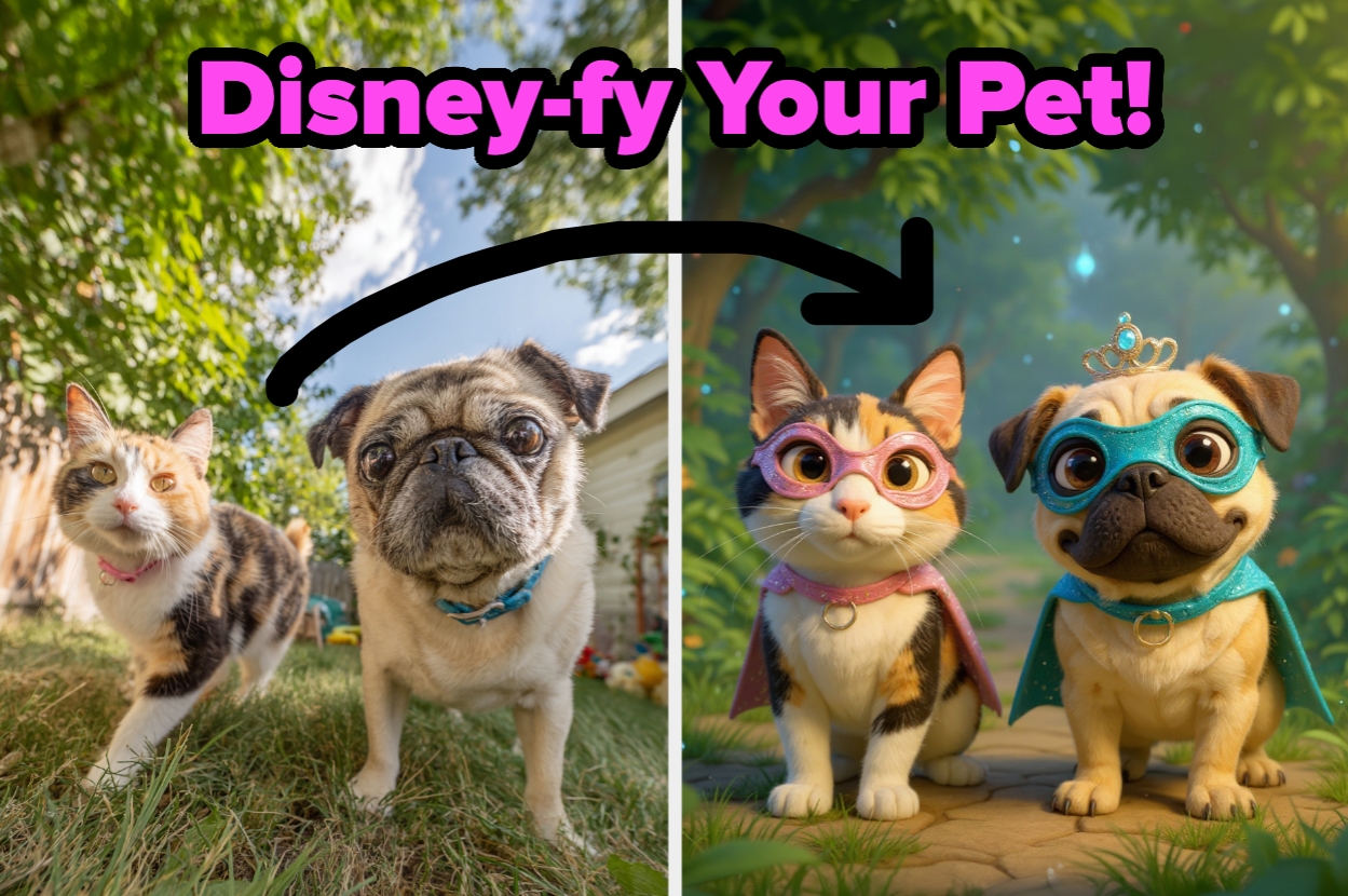 A side-by-side of a cat and a dog outdoors, transformed into animated Disney-style characters with costumes and accessories. Text: "Disney-fy Your Pet!"