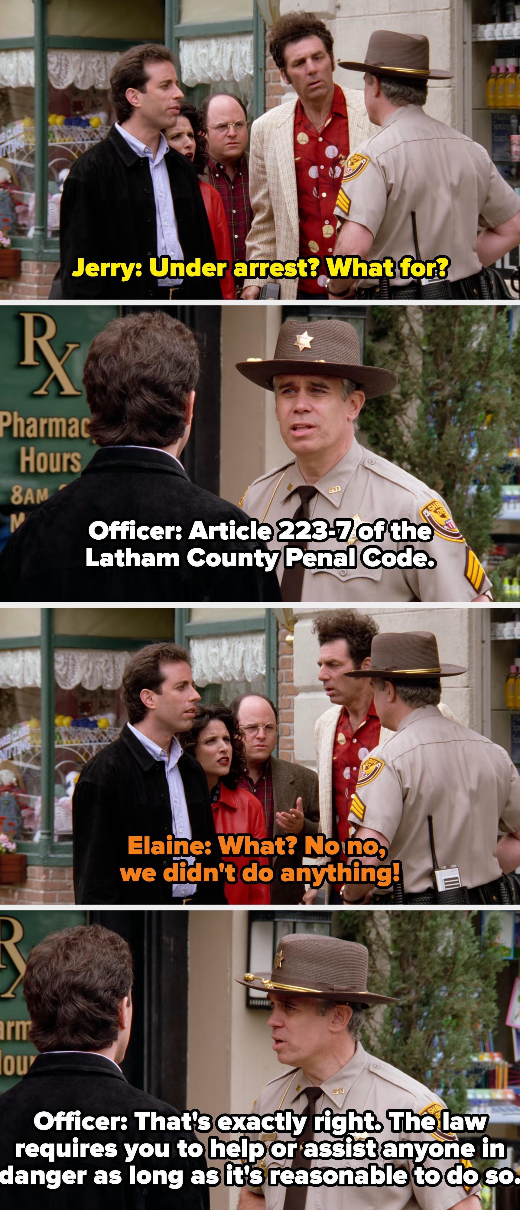 A police officer places the gang under arrest for not helping someone in danger