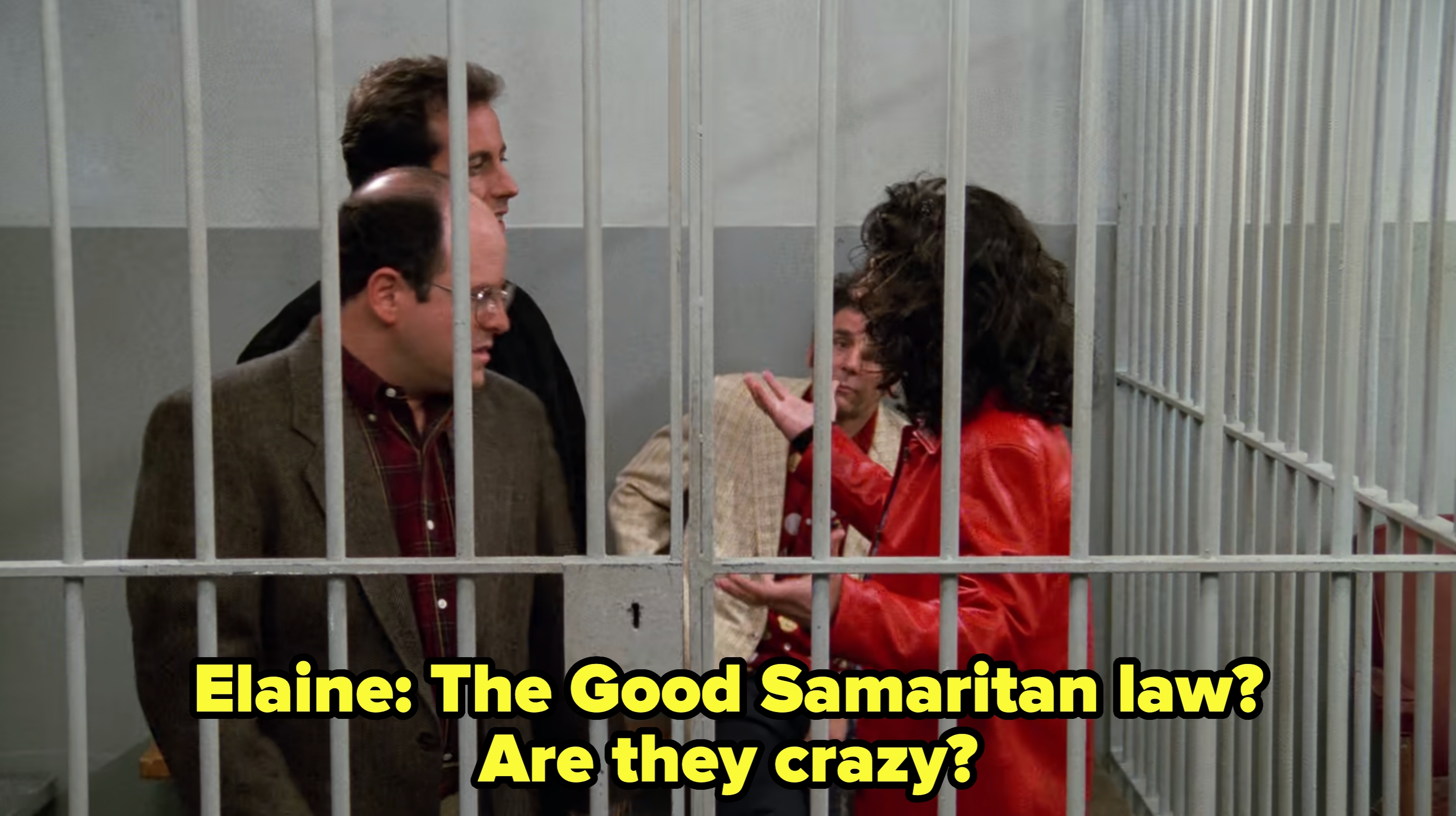 In a jail cell with the three guys, Elaine says, &quot;The Good Samaritan law? Are they crazy&quot;