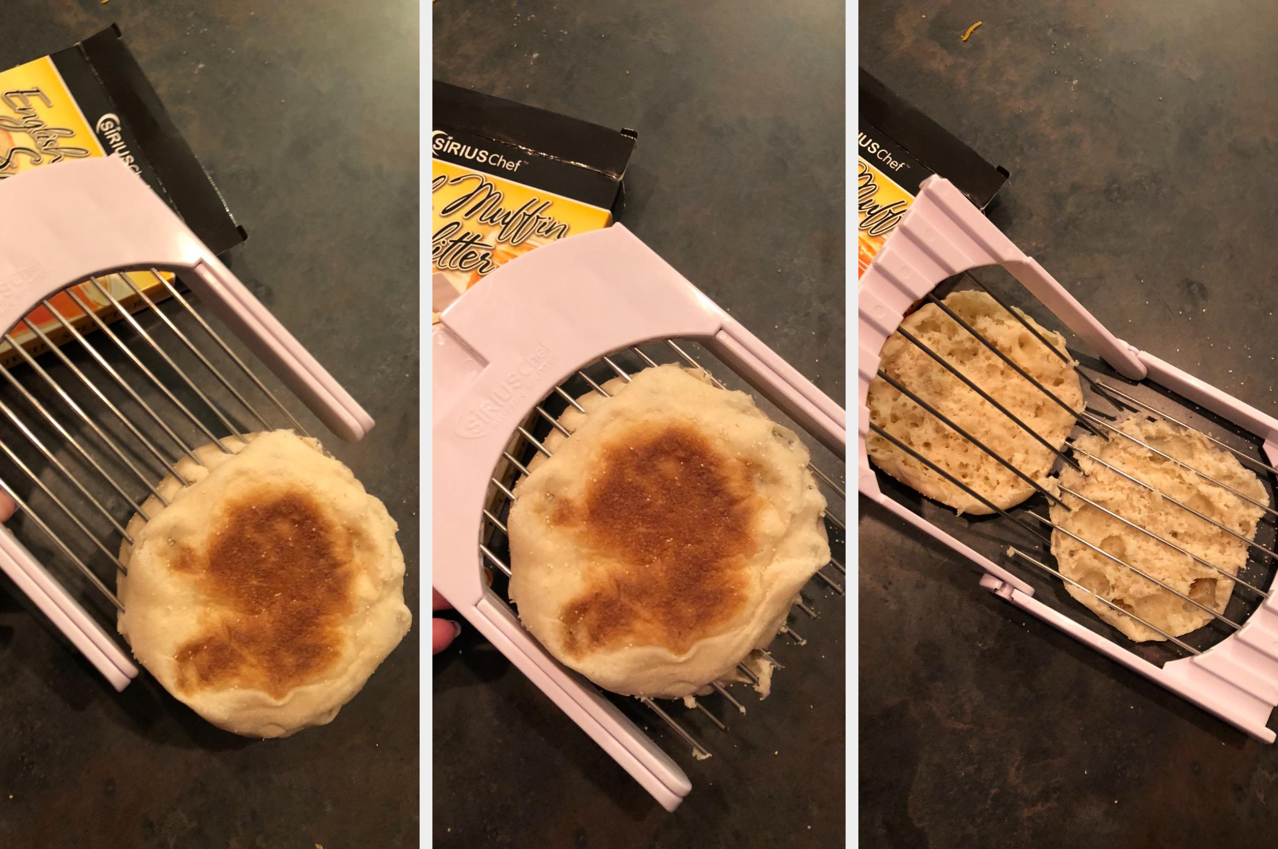Three images of an English muffin being sliced by a multi-slicer with a "Muffin Cutter" package partially visible