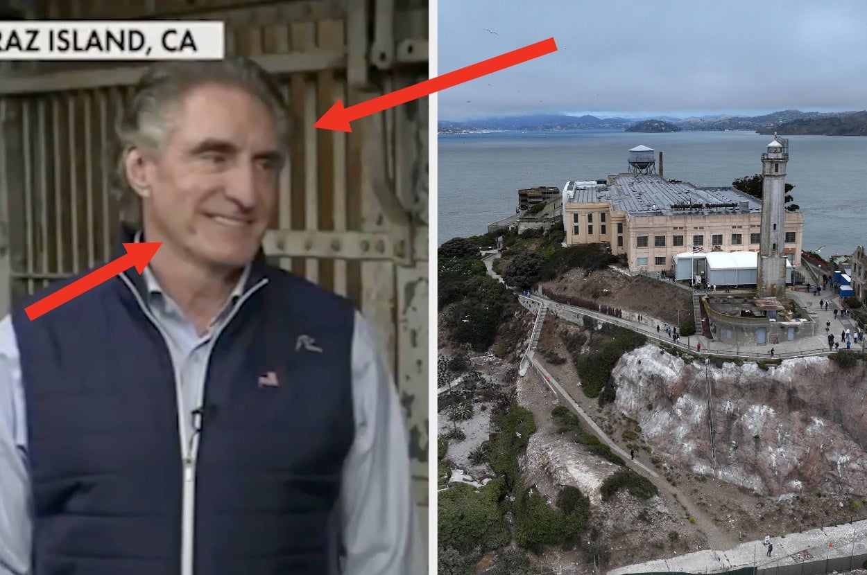 Man in a vest smiling on Alcatraz Island; arrows point to him. Right side shows aerial view of Alcatraz prison buildings