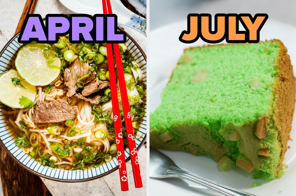 On the left, a bowl of ramen labeled April, and on the right, a slice of pandan cake labeled July