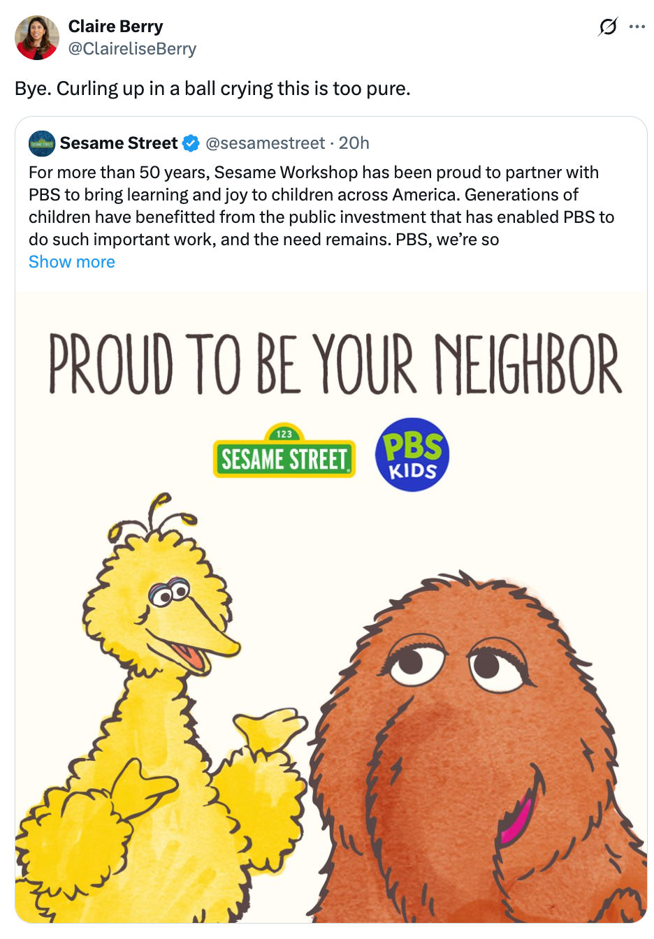 Big Bird and Snuffleupagus stand together with &quot;Proud to Be Your Neighbor&quot; text above them