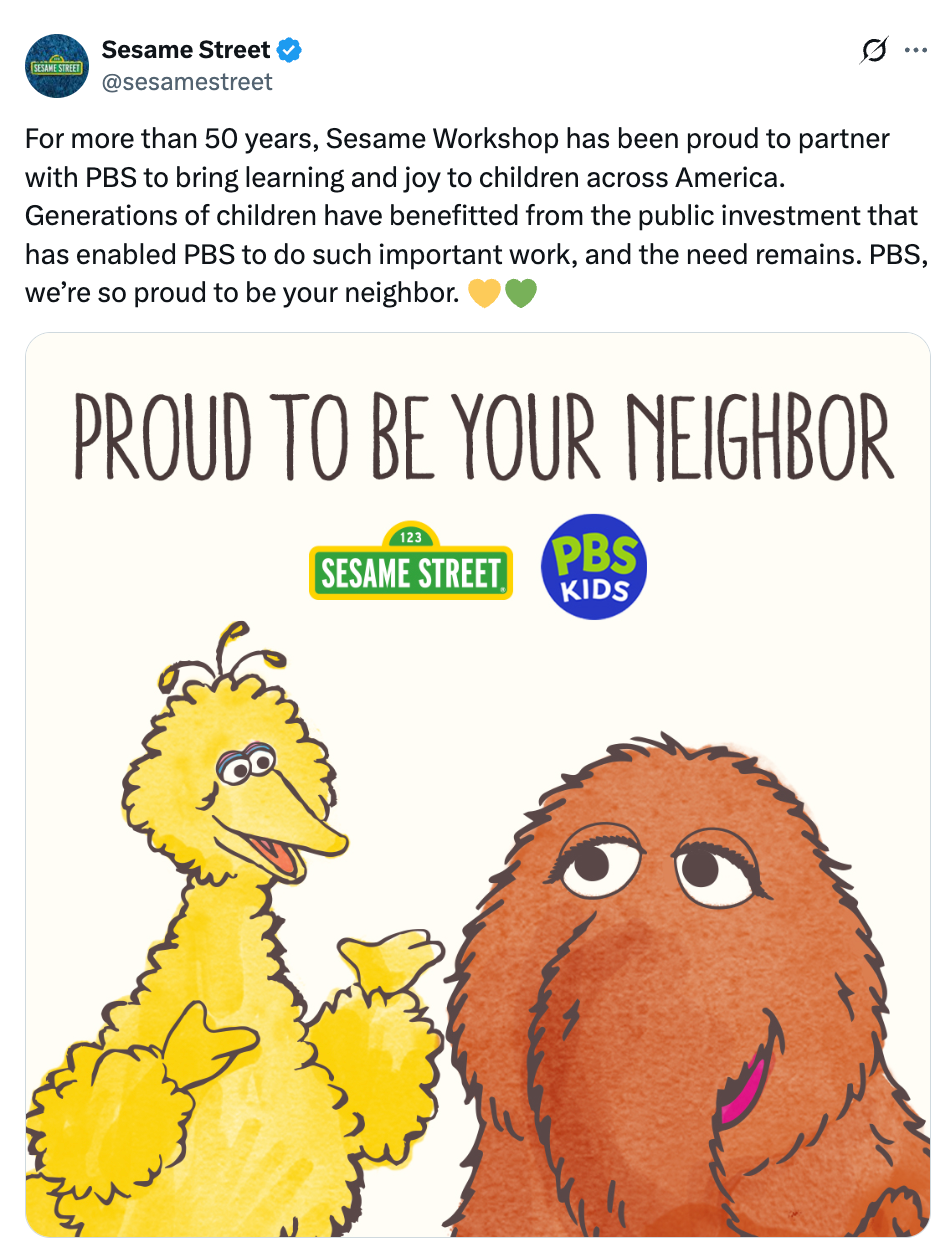 Big Bird and Snuffy from Sesame Street stand together. Text celebrates over 50 years of partnership between Sesame Workshop and PBS Kids