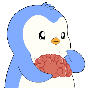 Pingüino animado sosteniendo un cerebro de juguete, con expresión curiosa