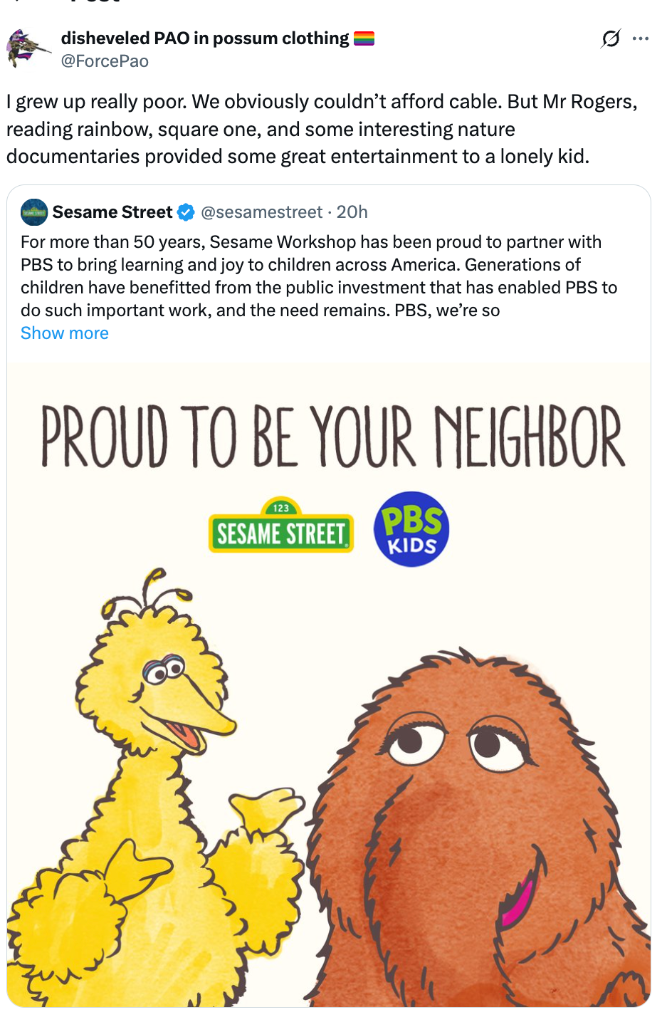 Tweet about childhood memories of PBS shows like Mr. Rogers and Sesame Street, praising their lasting impact on education and entertainment