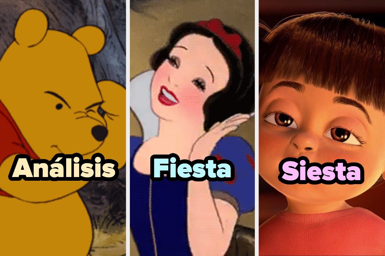 Winnie the Pooh pensando, Blanca Nieves sonriendo, y Boo bostezando. Texto asociado: "Análisis, Fiesta, Siesta"