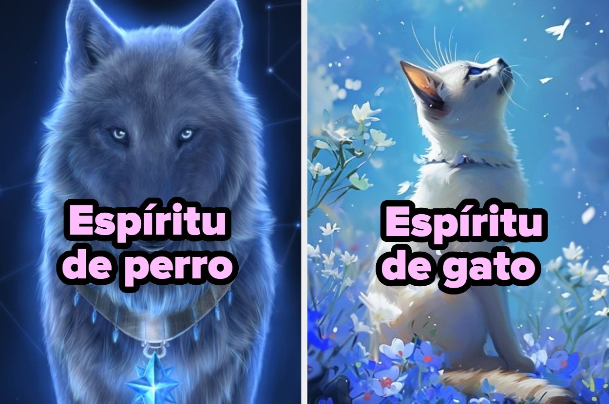 Ilustración de un perro con collar de estrella y un gato entre flores, etiquetados como "Espíritu de perro" y "Espíritu de gato"