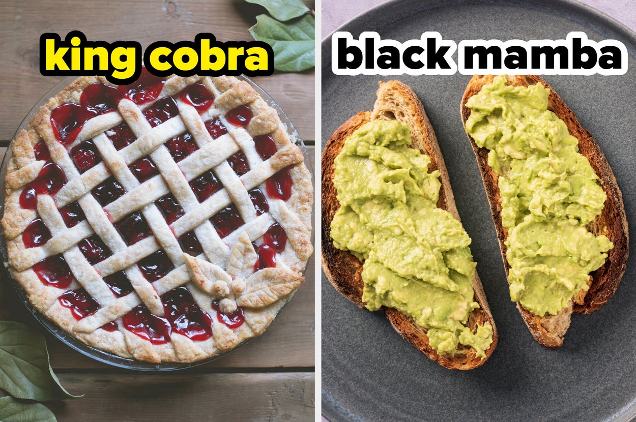 On the left, a cherry pie labeled king cobra, and on the right, avocado toast labeled black mamba