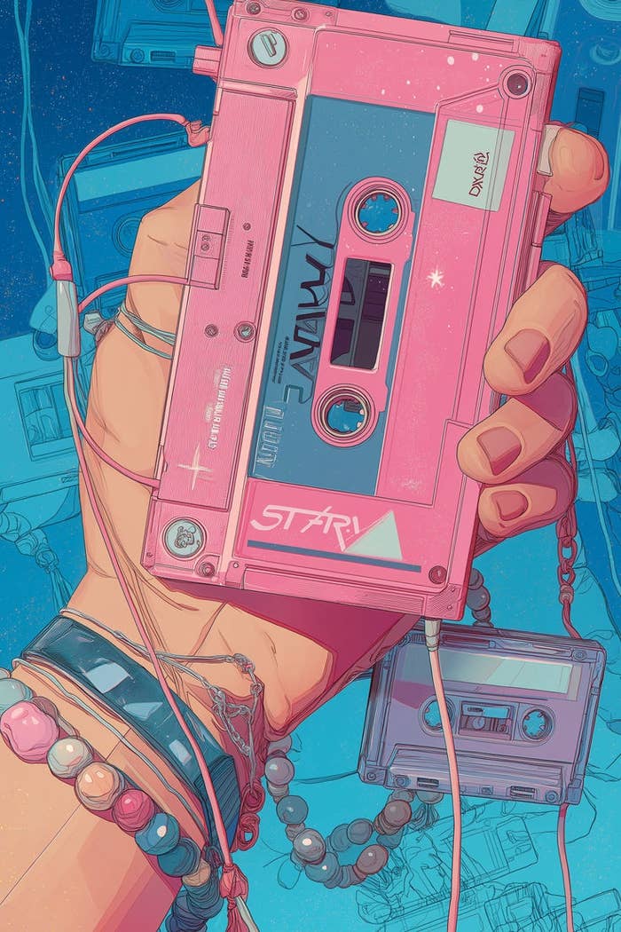 Ilustración de una mano sosteniendo un casete con auriculares enrollados. El fondo tiene varios casetes en diferentes ángulos