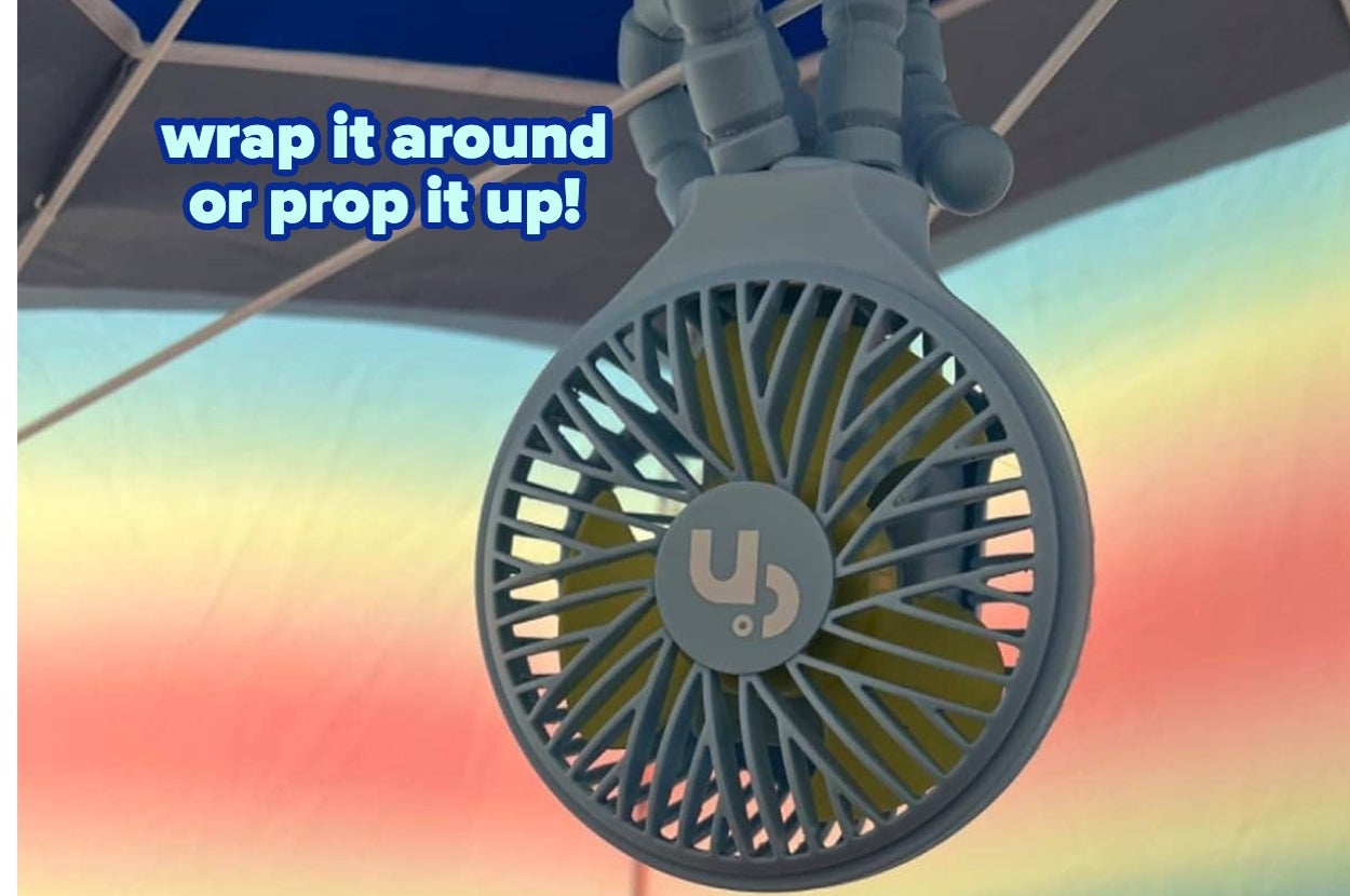 Portable fan shown with text: "Wrap it around or prop it up!"