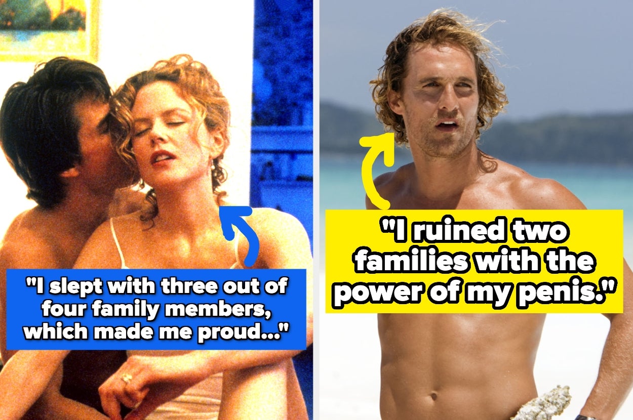 Two side-by-side images: Left shows people with text about family affairs; right shows a shirtless man at the beach with text about family impact