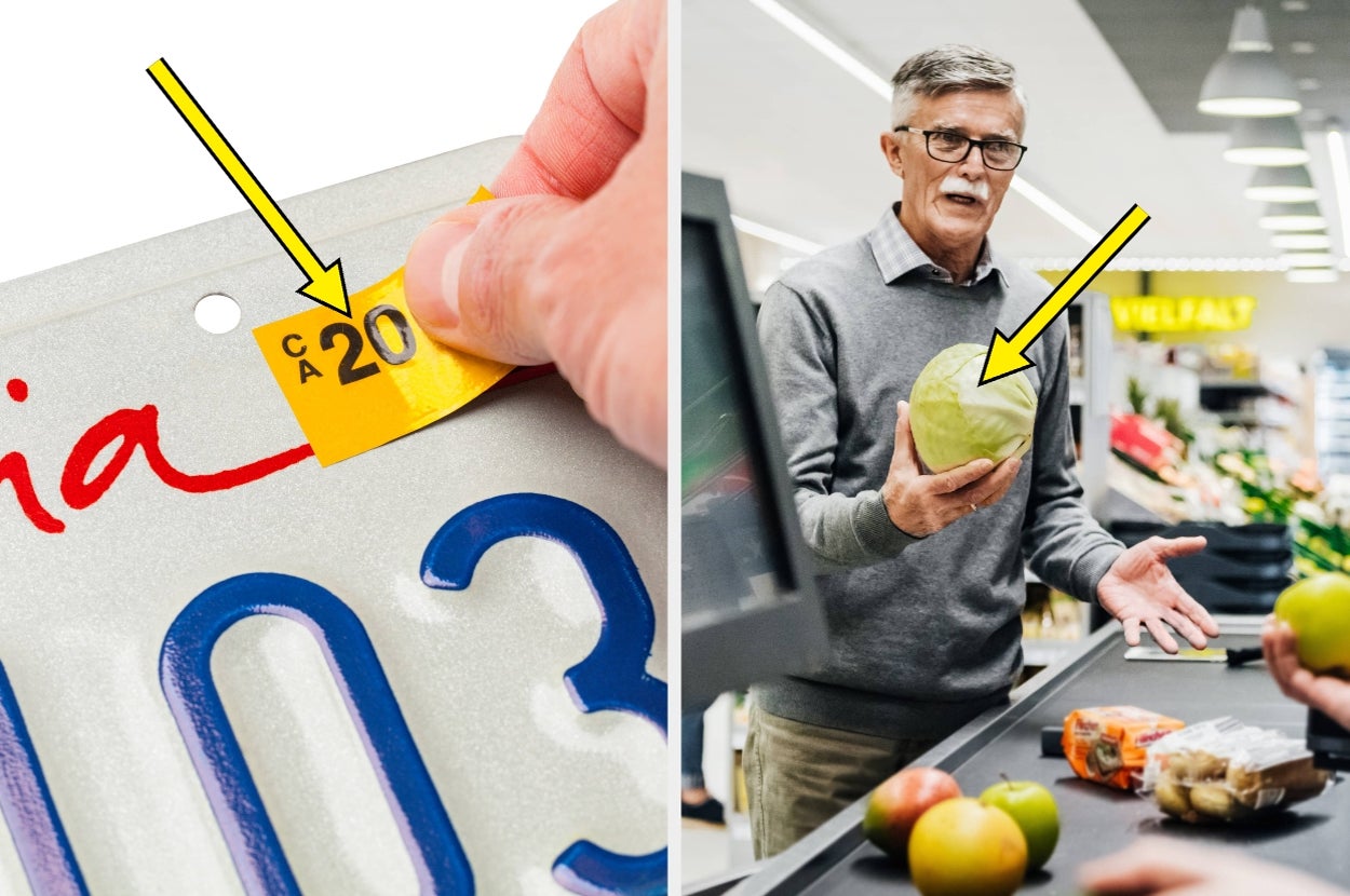 License renewal sticker on a plate; older man questioned about cabbages at a checkout counter in a grocery store