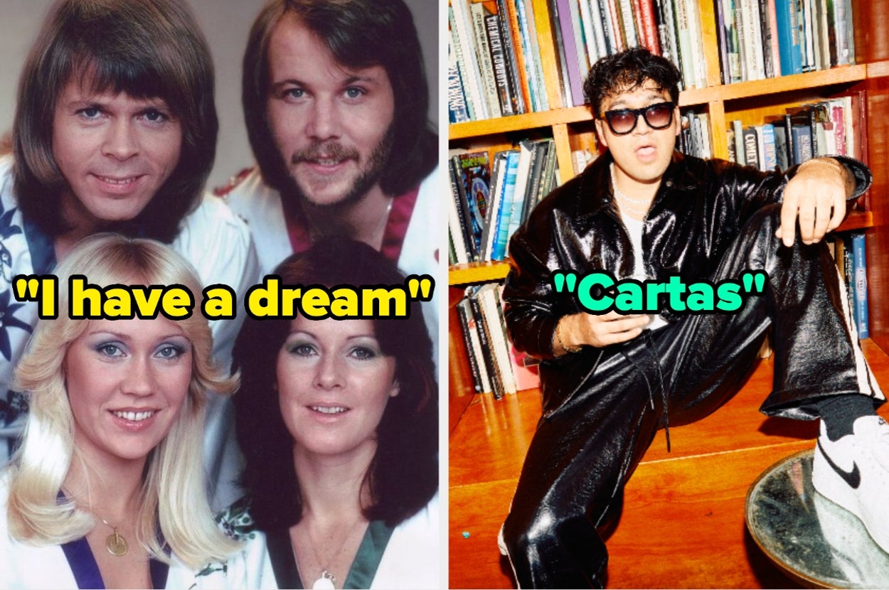 Grupo ABBA con texto "I have a dream" junto a un hombre con gafas de sol y chaqueta de cuero con texto "Cartas" en fondo de libros