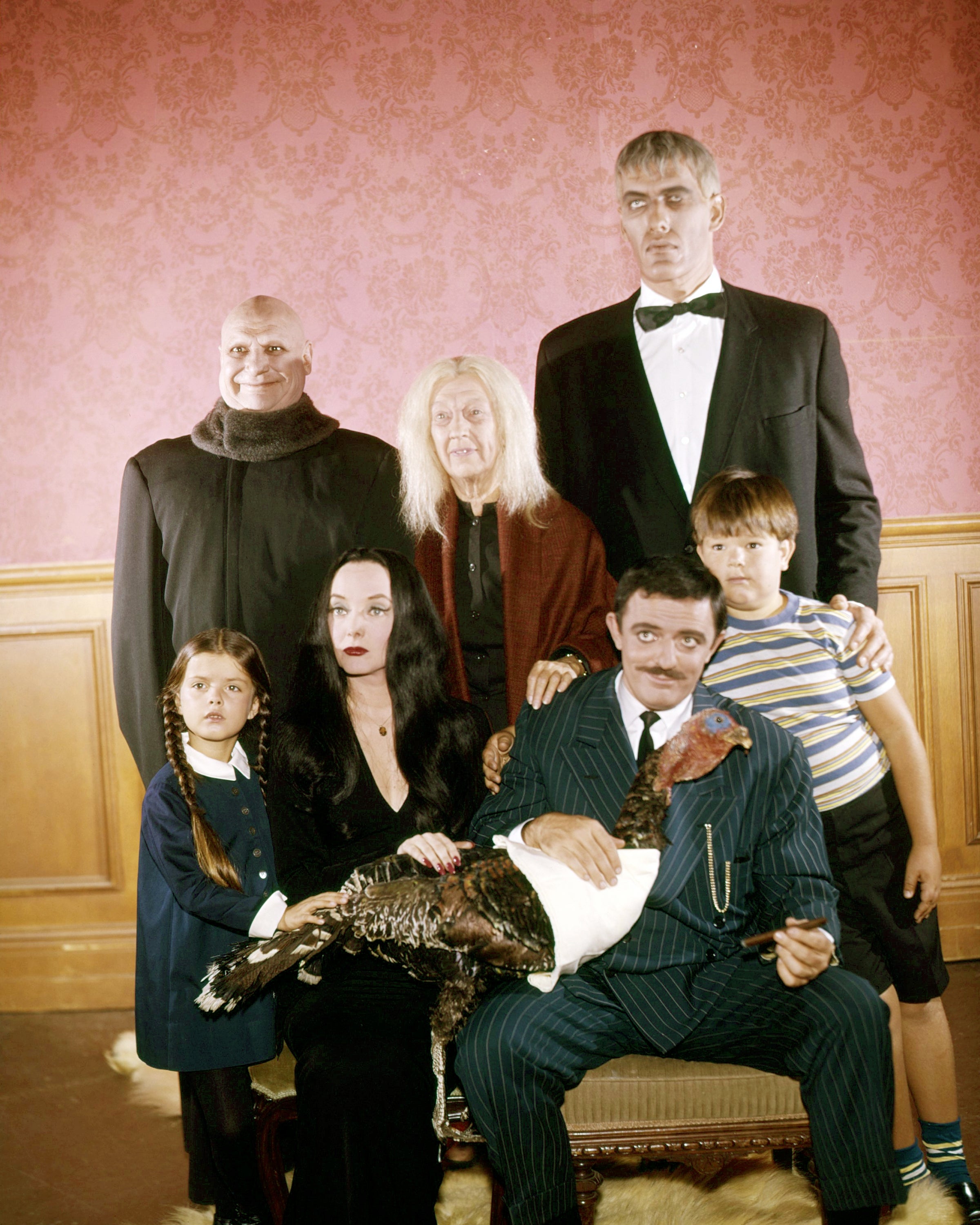 A household dressed successful classical retro gothic attire poses with a turkey. They person distinct, quirky expressions and signifier a humorous opposition to accepted household portraits