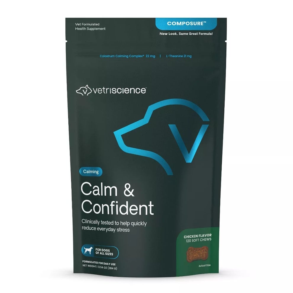 Bag of Vetriscience Composure dog chews, labeled for reducing stress in dogs. Contains 100 soft chews with chicken flavor