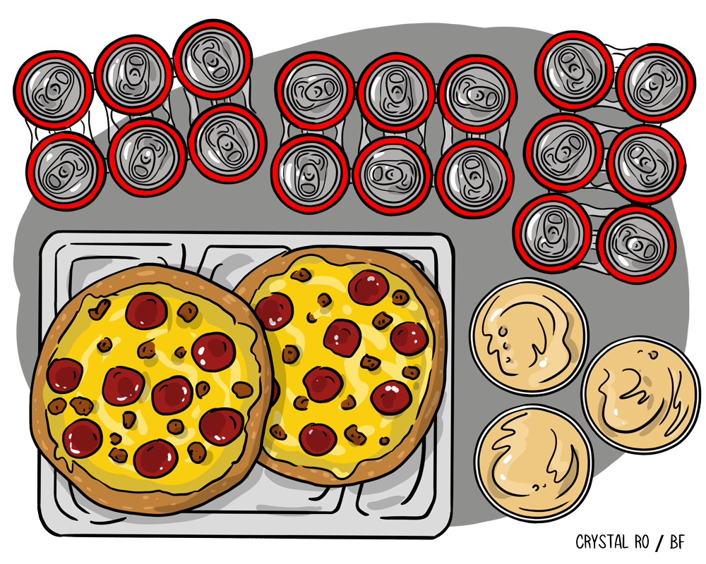 Cartoon illustration of two pizzas with pepperoni and eight soda cans, accompanied by four dipping sauce containers