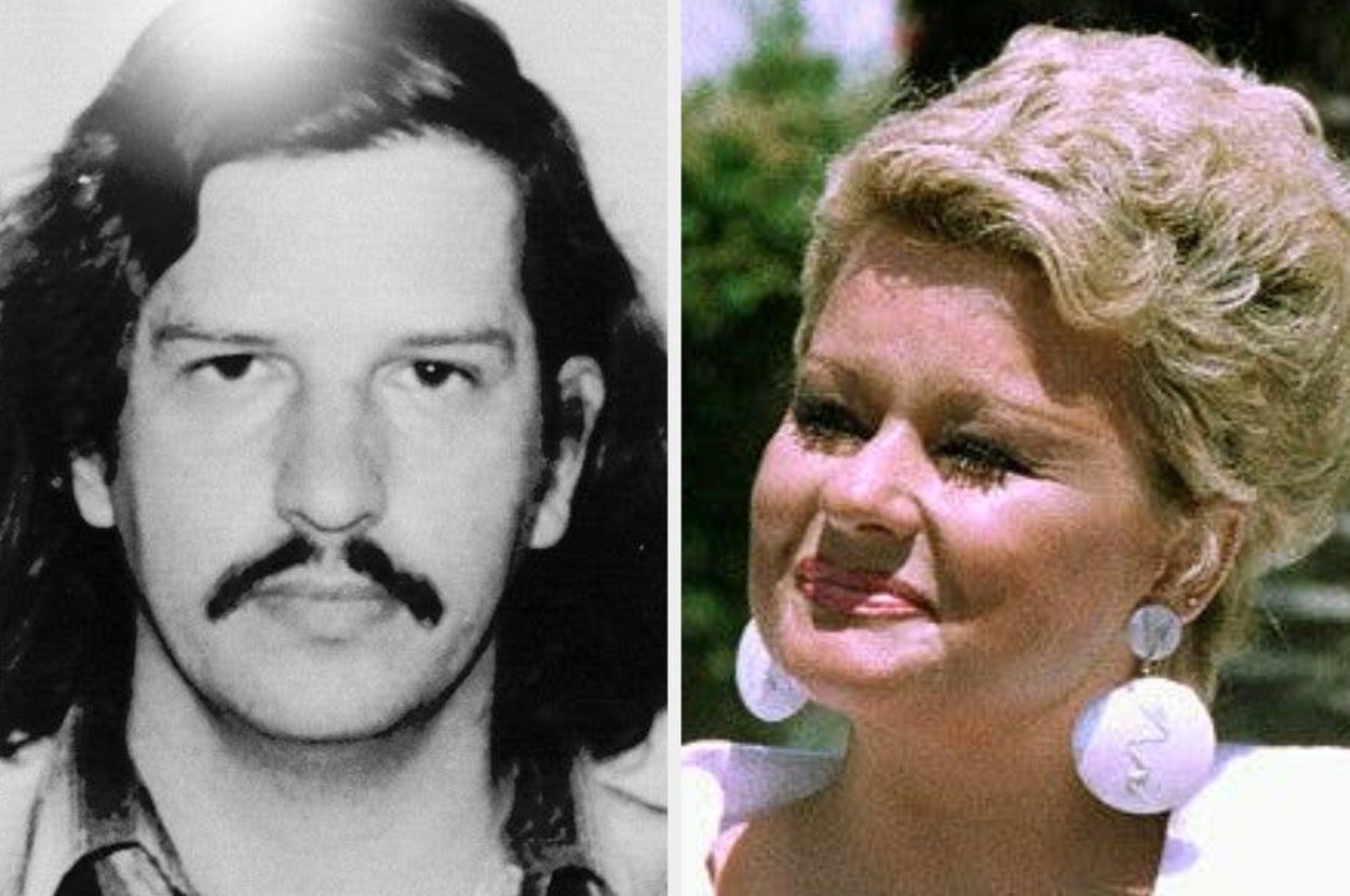 Side-by-side portraits of a man with long hair and mustache, and a woman with styled hair and large round earrings