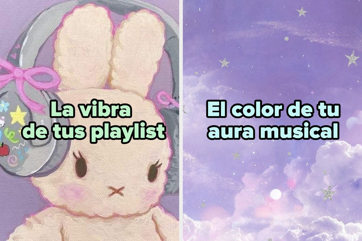 Dibujo de un conejo con auriculares y texto "La vibra de tu playlist". A la derecha, fondo de nubes y texto "El color de tu aura musical"