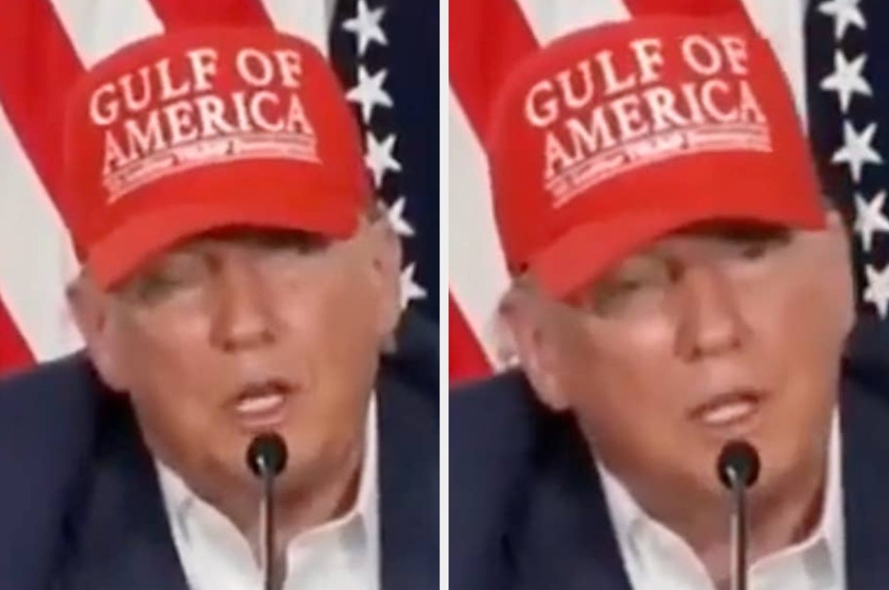 A person in a red "Gulf of America" cap speaks at a microphone, with U.S. flags in the background