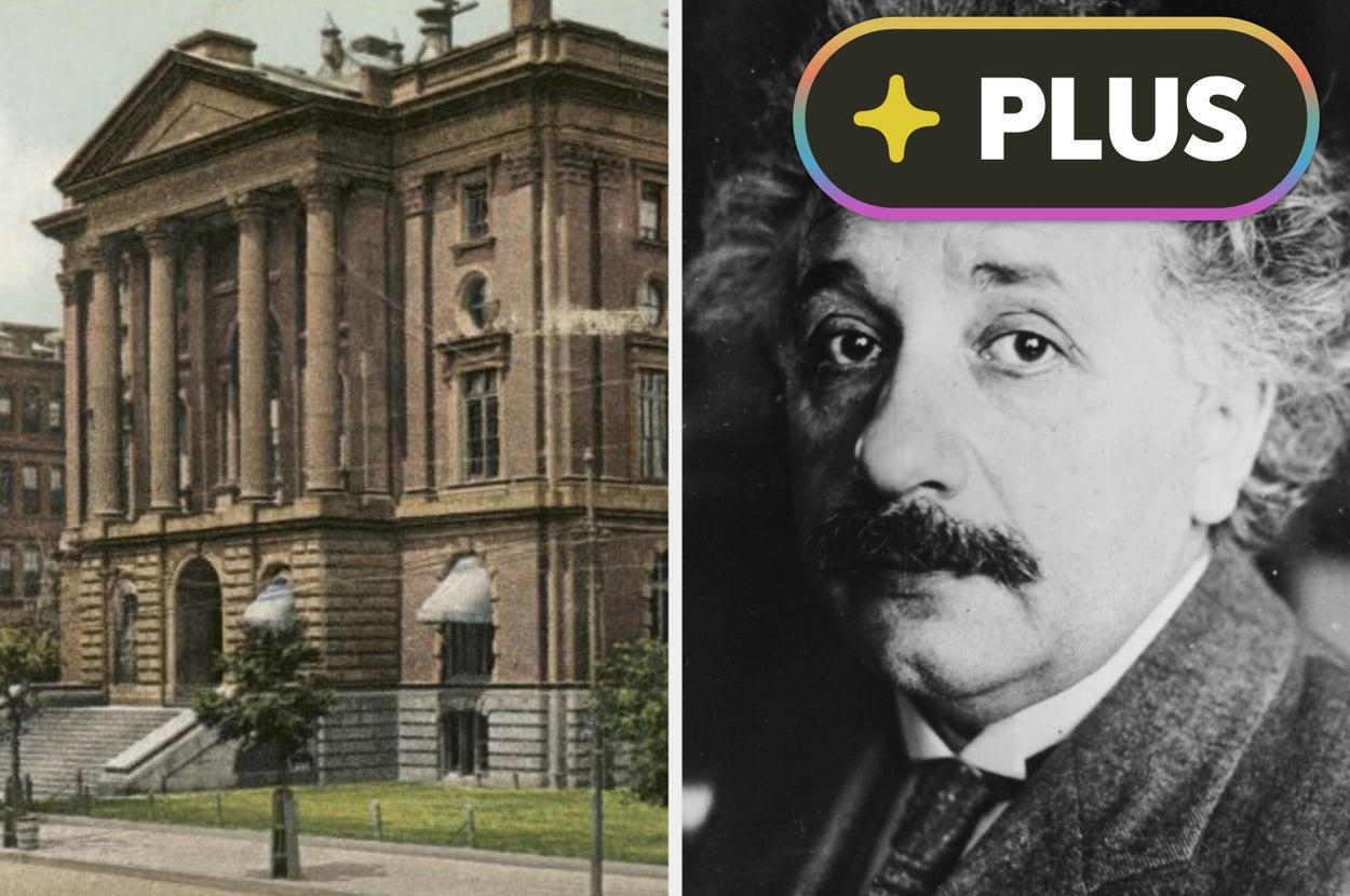 Historical building on the left; portrait of a man with a mustache and suit on the right