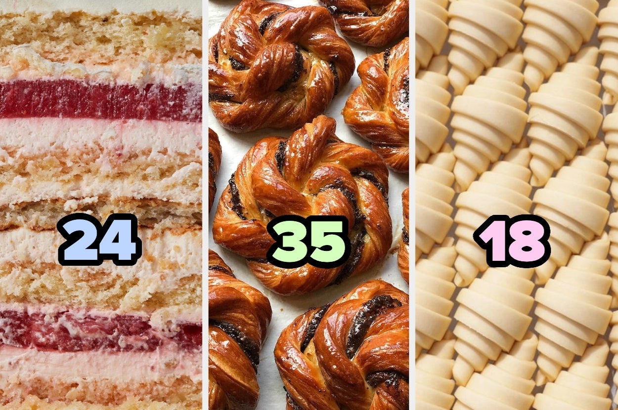 Imagen de tres columnas: pastel de capas con número 24, pan trenzado con número 35 y masa enrollada con número 18