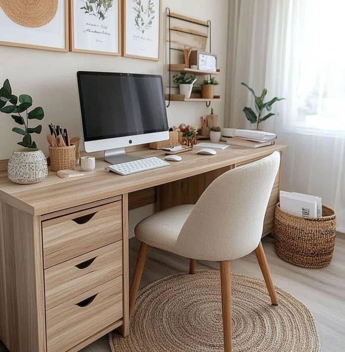 Escritorio acogedor con computadora, silla y decoración natural; plantas pequeñas, estantes y arte botánico en la pared de un espacio luminoso