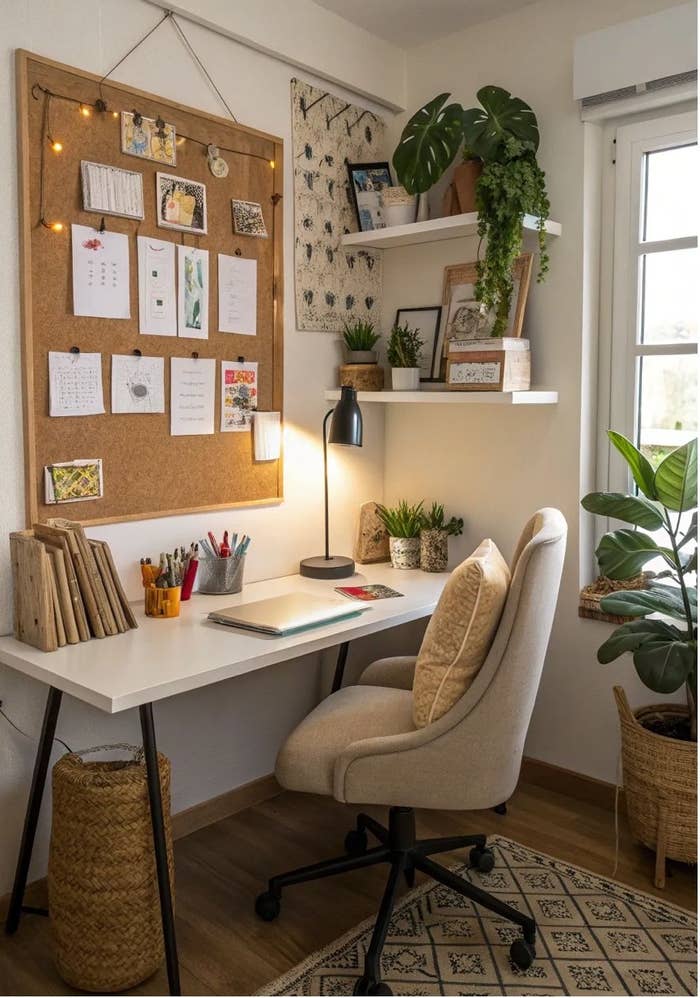 Espacio de trabajo acogedor con escritorio, silla acolchada, pizarra de corcho con notas, plantas en estantes y lámpara de escritorio