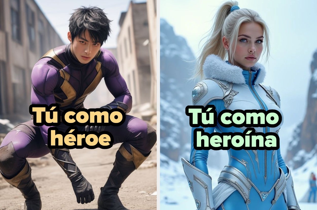Split image of male and female cosplayers: The male is in a sleek, dark superhero costume and the female in an elegant, futuristic outfit. Text: "Tú como héroe," "Tú como heroína."