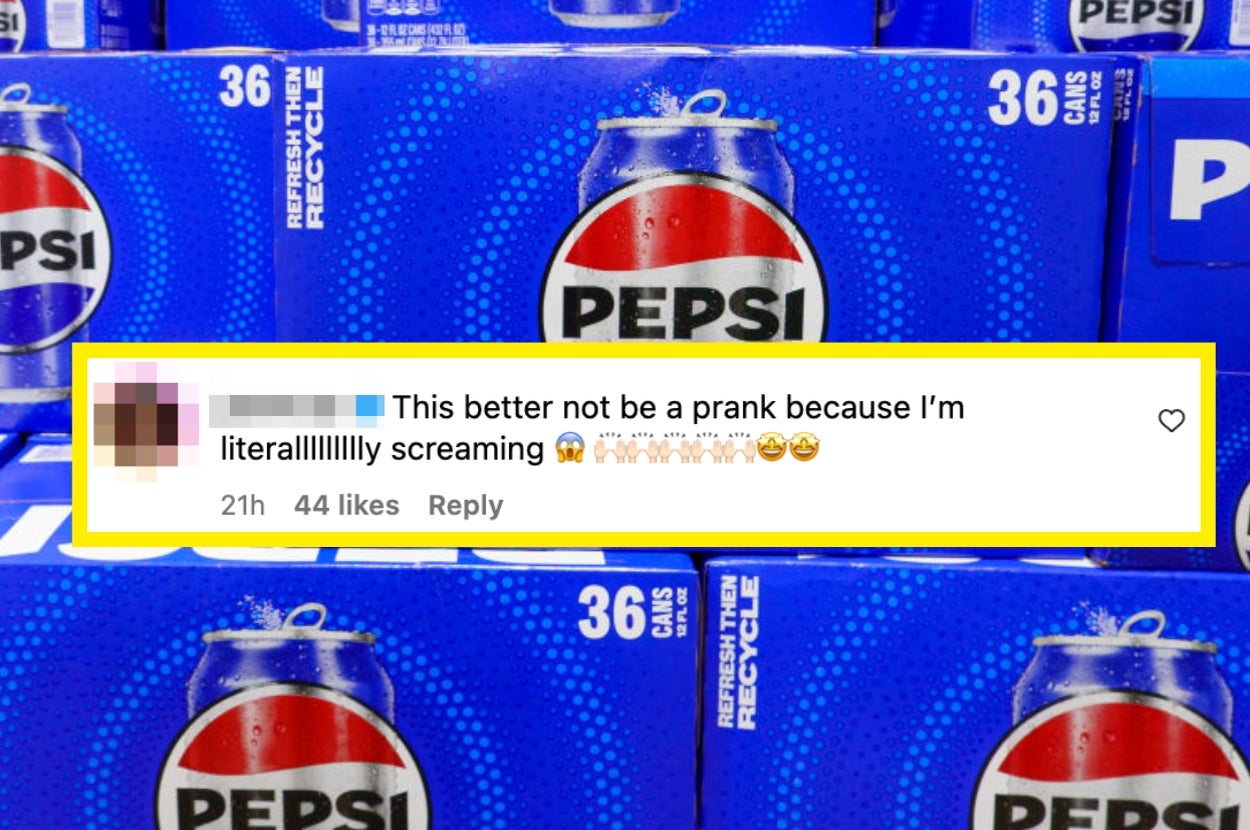 Comment overlaid on blue cartons of Pepsi says: "This better not be a prank because I'm literallllllly screaming," with clapping and shocked emojis