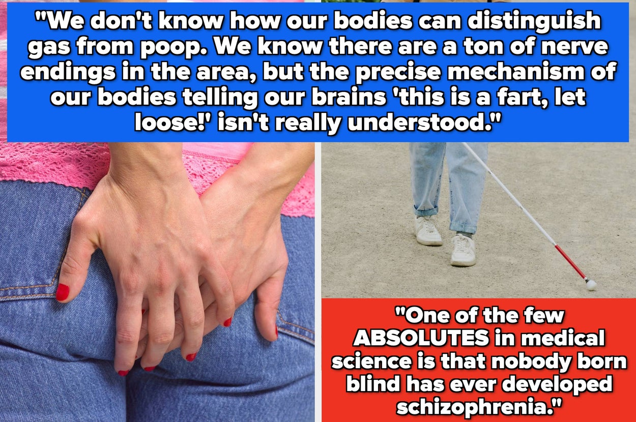 Left image shows hands on denim jeans. Right image shows a person walking with a white cane. Text discusses uncertain body mechanisms distinguishing gas from poop