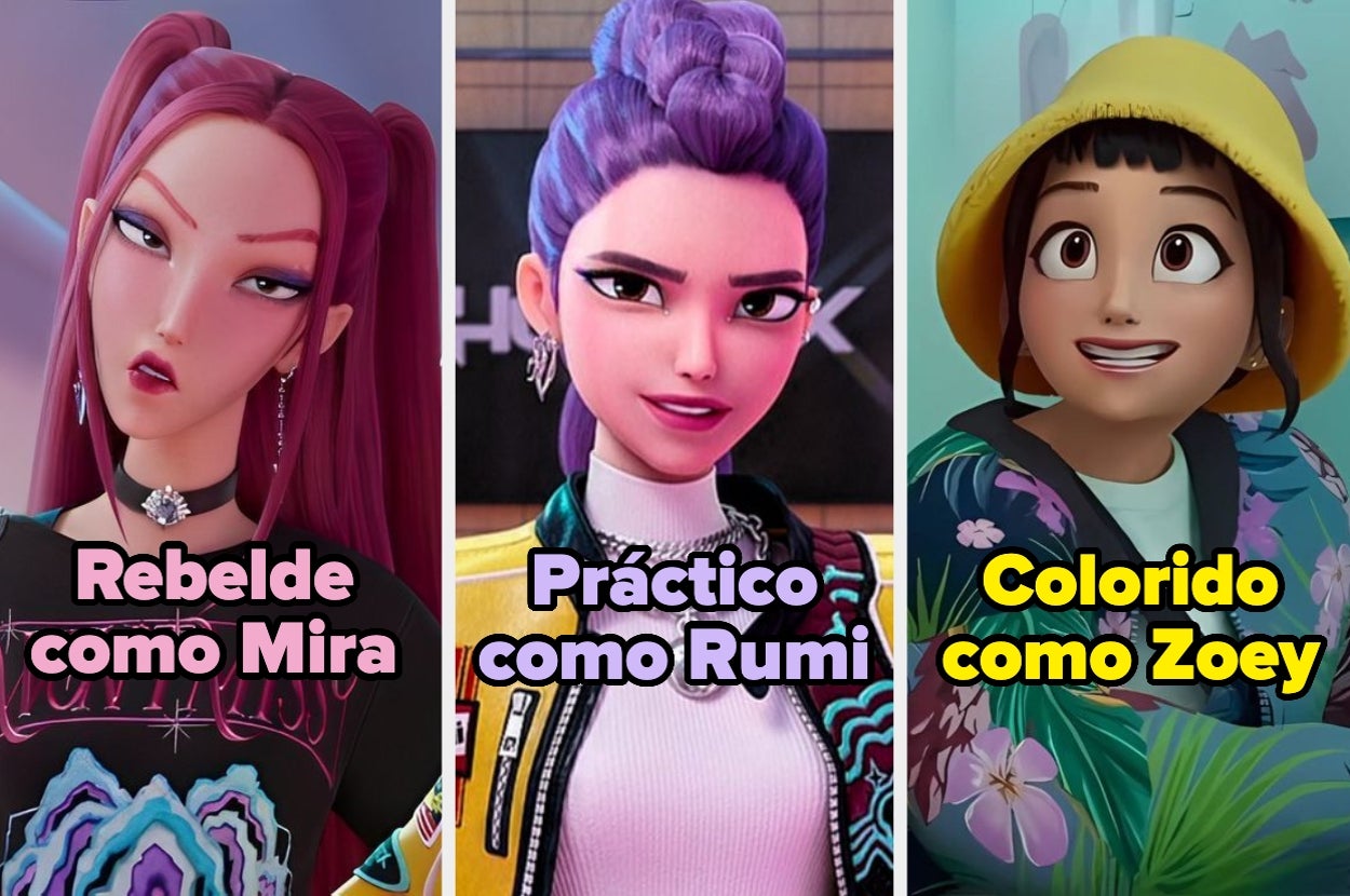 Tres personajes animados con estilos distintos: Mira es rebelde, Rumi es práctico, y Zoey lleva ropa colorida