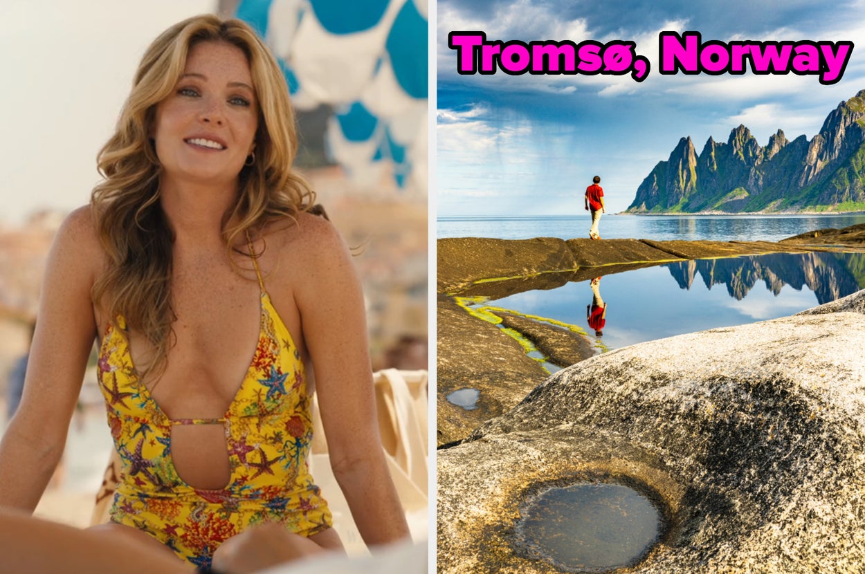 On the left, Meghann Fahy on the beach as Daphne on The White Lotus Season 2, and on the right, a rocky shore with mountains in the background labeled Tromsø, Norway