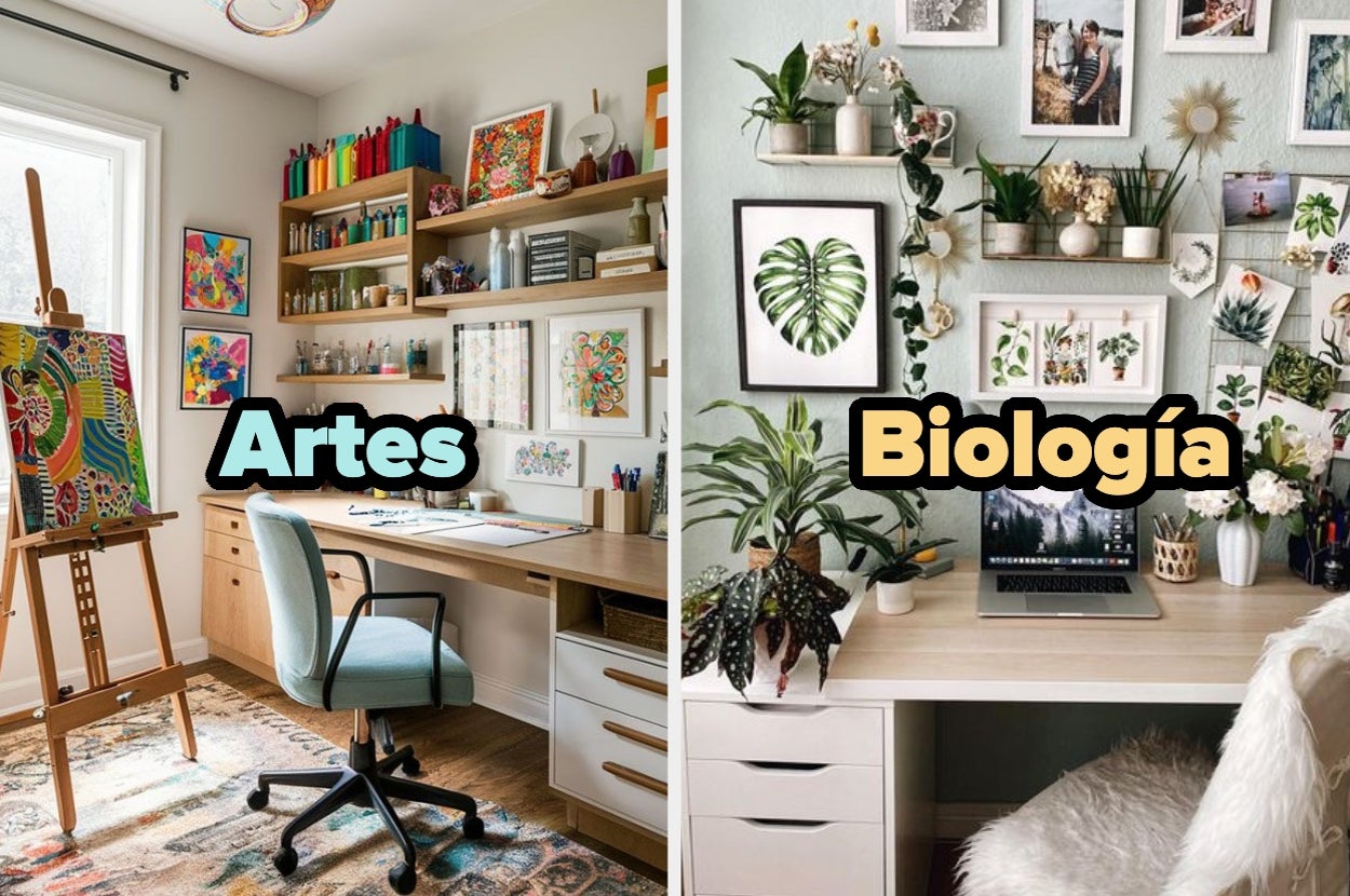 Dos escritorios creativos, uno con materiales de arte y el otro con elementos de biología y plantas