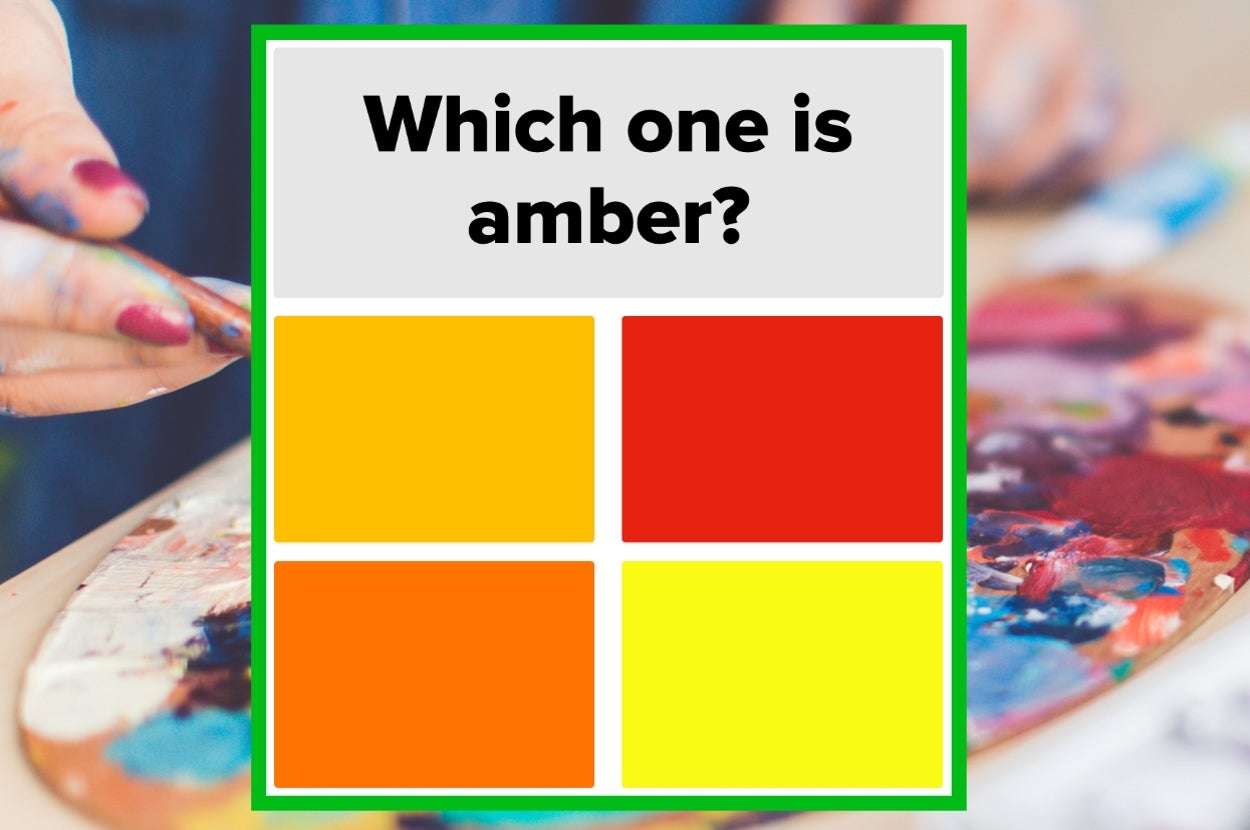 Person painting near a palette with four color blocks and the question, "Which one is amber?"