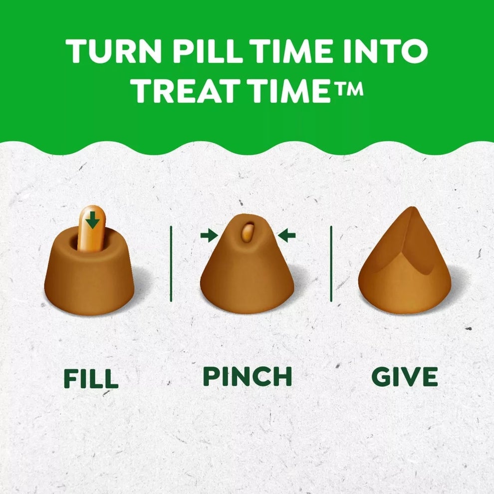 Infographic illustrating a three-step process for giving pets medication: fill treat, pinch it closed, give it to pet