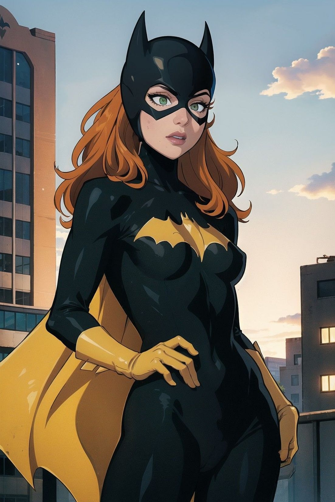 Ilustración de Batgirl con traje negro y capa amarilla, de pie en una azotea al atardecer
