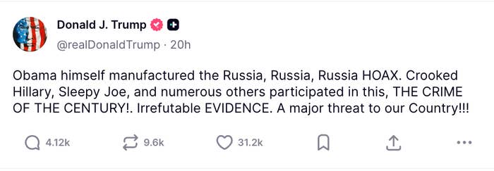 Tweet by Donald J. Trump alleges a Russia hoax involving Obama, Hillary, and Joe Biden, calling it &quot;crime of the century&quot; with &quot;irrefutable evidence.&quot;