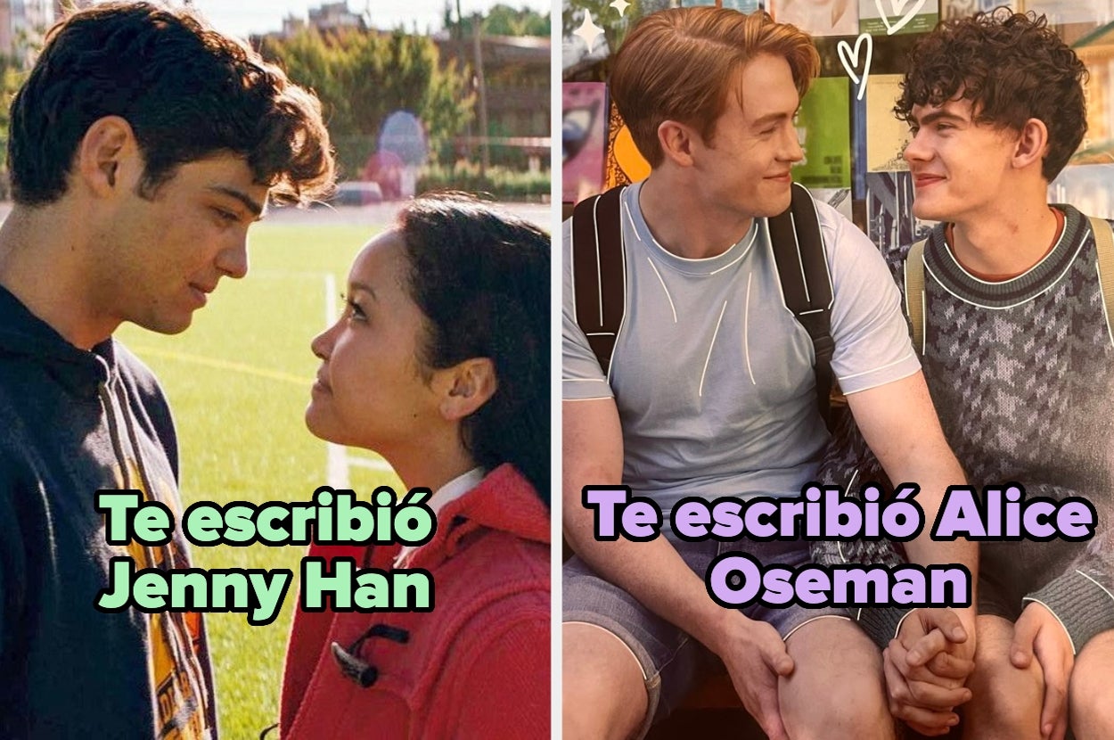 Dos parejas jóvenes mirándose con ternura. Texto: "Te escribió Jenny Han" y "Te escribió Alice Oseman"