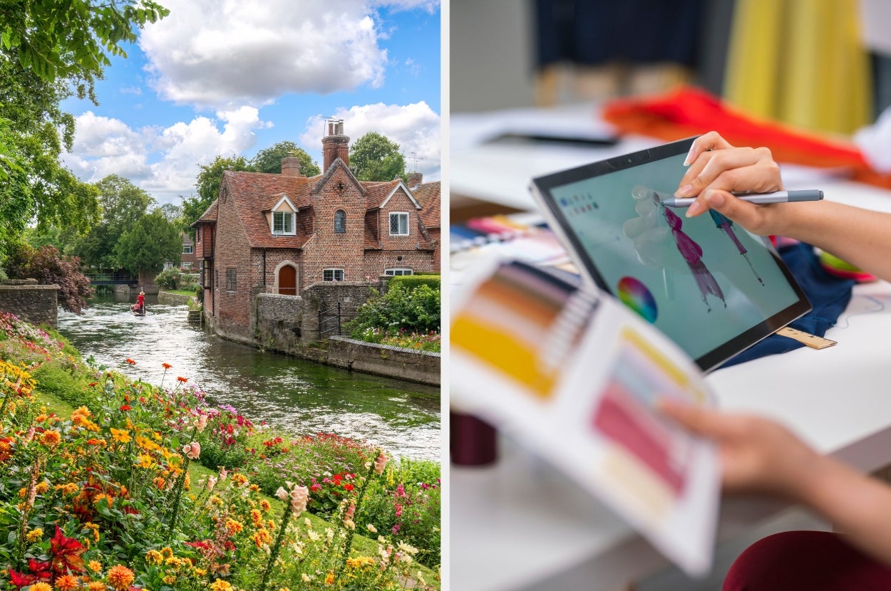 Left: A charming brick house by a canal with lush gardens. Right: A person designs clothing on a tablet, focusing on a pink dress